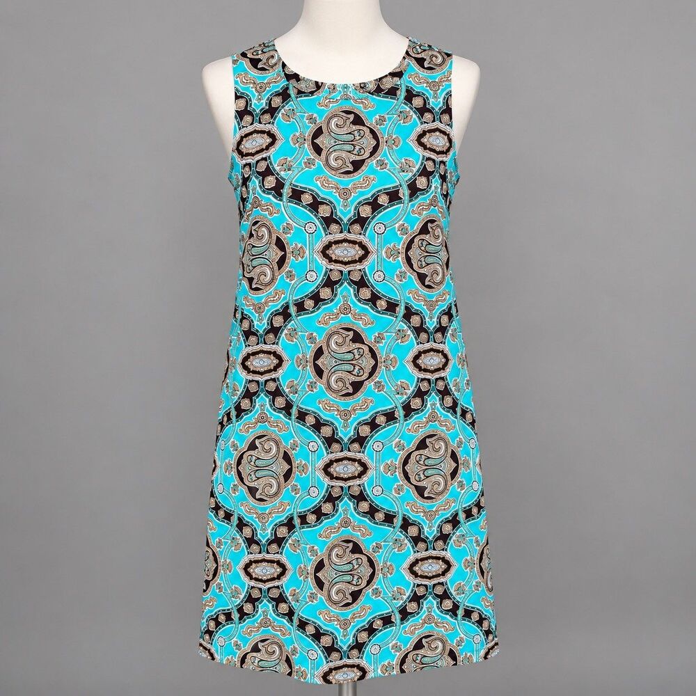 Jude Connally Beth Dress L Blue Brown Paisley Medallion Shift  Jude Cloth USA